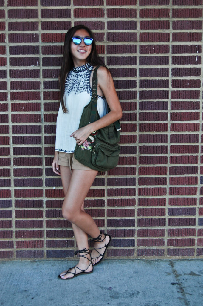 White UO top & tan H&M shorts side