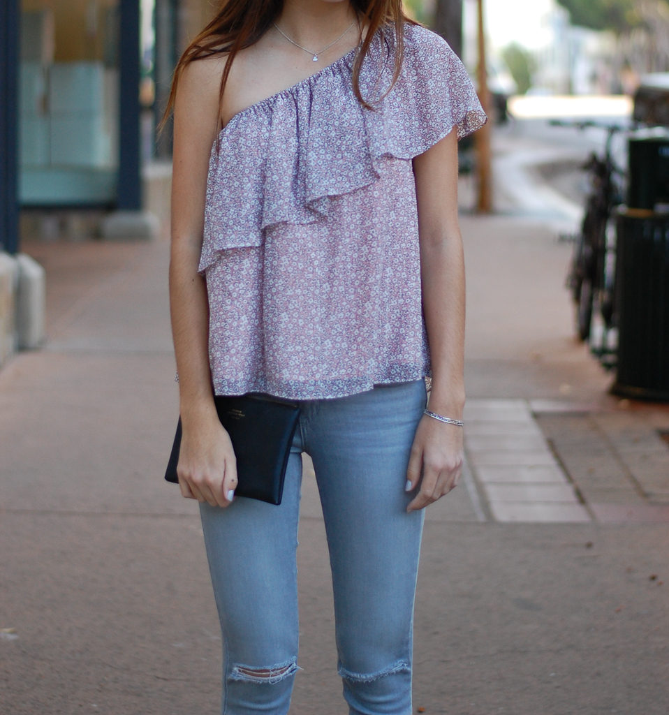 one shoulder gray jeans close