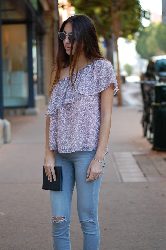 one shoulder gray jeans top