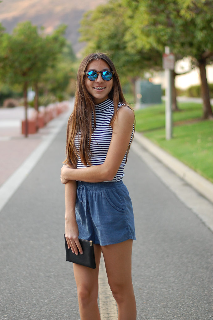 Striped crop top blue shorts front
