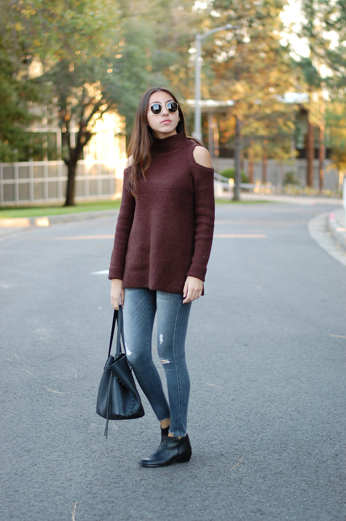 brown sweater gray jeans full