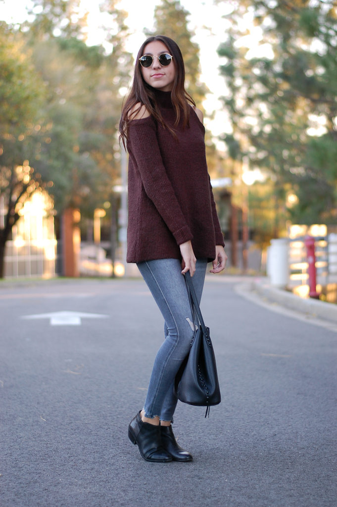 brown sweater gray jeans side