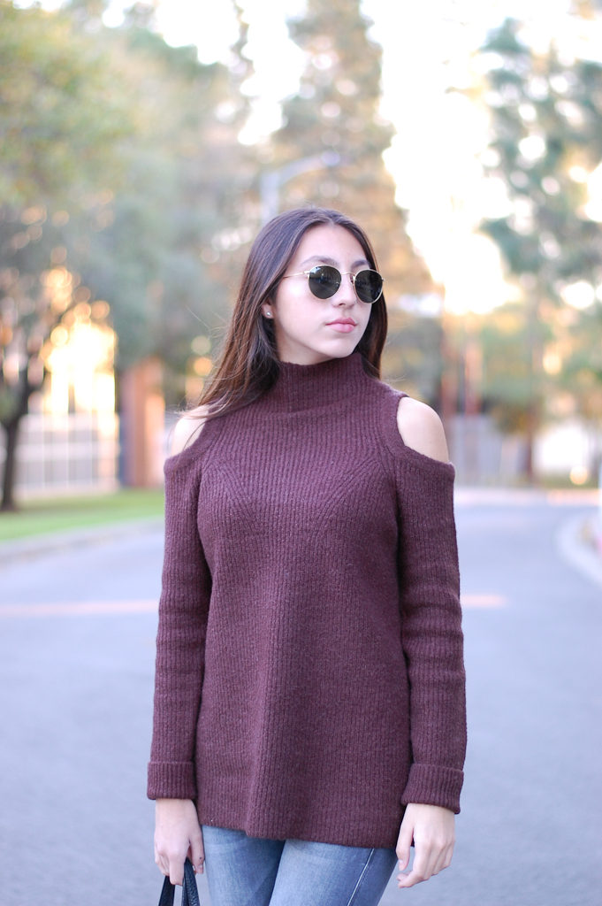 brown sweater gray jeans top