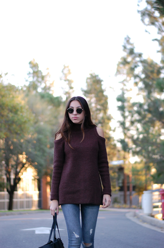 brown sweater gray jeans top front