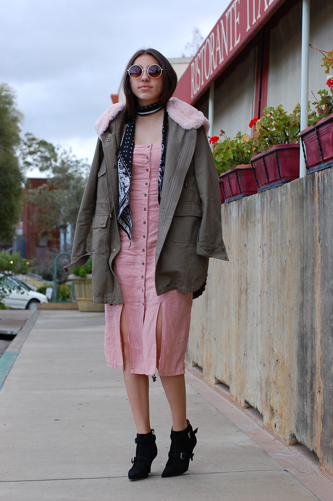Pink strapless dress Jacket front